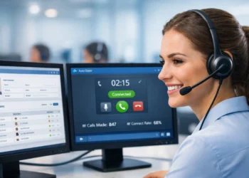 Auto dialer software interface on dual monitors showing active call, CRM integration, and call metrics in a modern call center