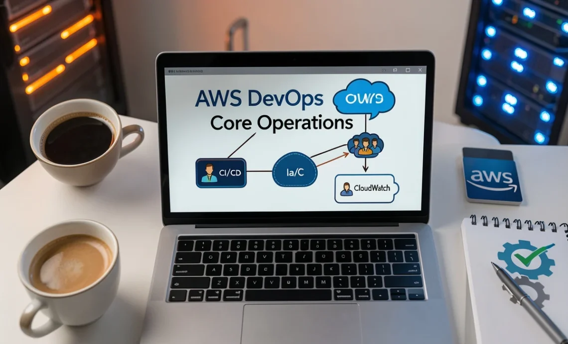 AWS DevOps Course Core Operations: A Complete Guide 1 AWS DevOps course core operations diagram showing CI/CD pipeline, infrastructure as code, and monitoring tools on laptop screen