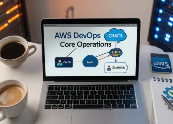 AWS DevOps course core operations diagram showing CI/CD pipeline, infrastructure as code, and monitoring tools on laptop screen