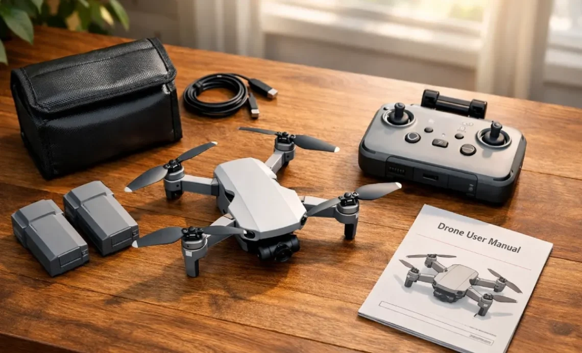 Beginner Drone Buying: The Complete Guide for First-Time Pilots 1 Beginner drone buying guide featured image showing a drone with spare batteries, remote controller, fireproof bag, and manual on a wooden table.