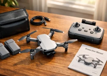 Beginner drone buying guide featured image showing a drone with spare batteries, remote controller, fireproof bag, and manual on a wooden table.