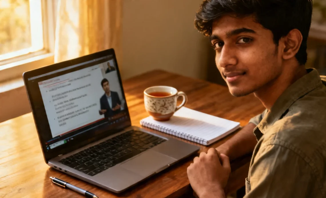 Laptop open on a wooden desk showing an online course video lecture with a coffee mug and notebook nearby, representing the benefits of flexible online education
