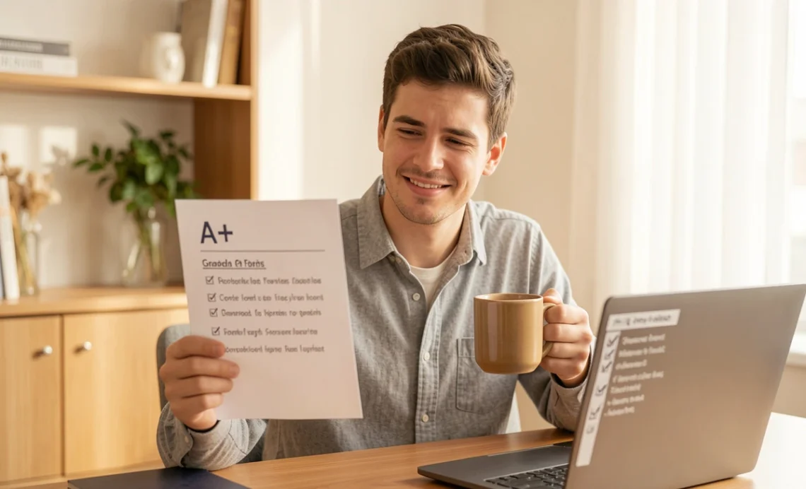Best Essay Writing Services: A Student’s Guide to Smart Choices 1 Student holding an A+ graded paper while reviewing best essay writing services on laptop at a home desk