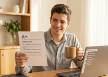 Student holding an A+ graded paper while reviewing best essay writing services on laptop at a home desk