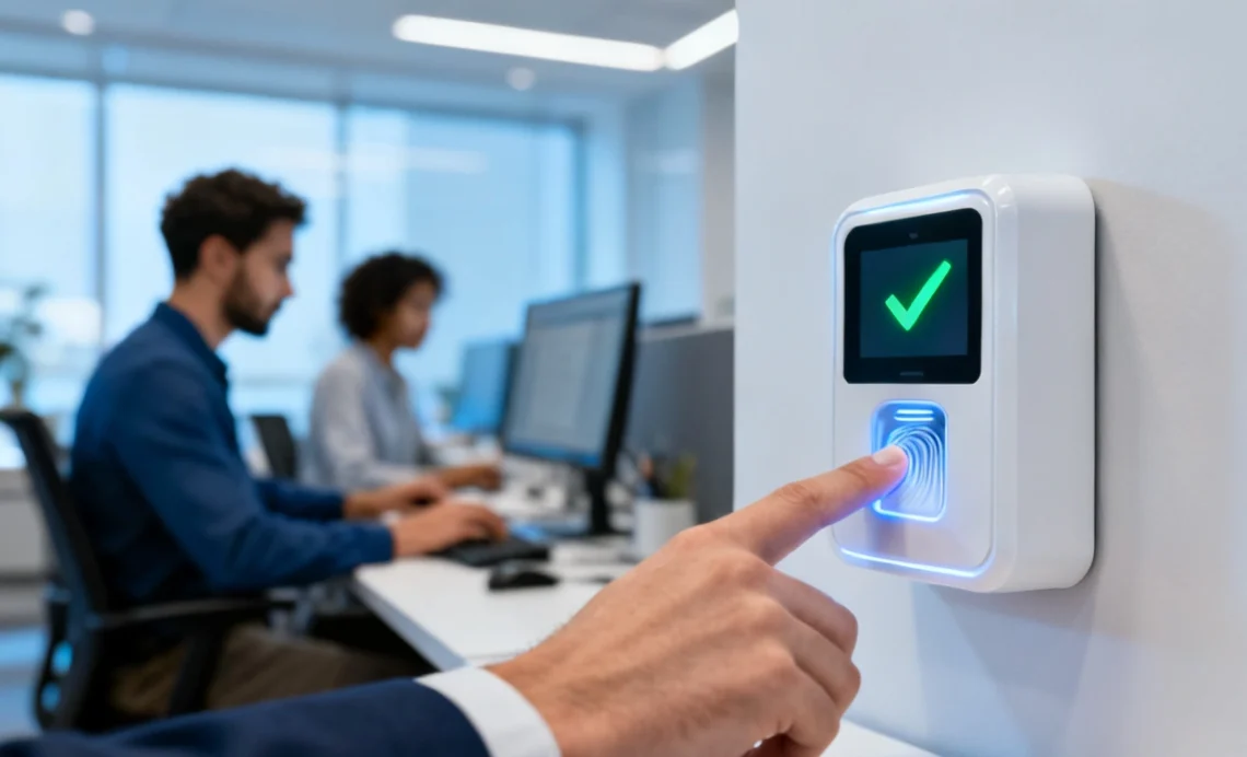 Employee using a Biometric Attendance Monitoring Systems with fingerprint scanner for accurate time tracking and payroll integration