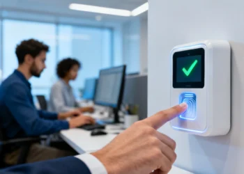 Employee using a Biometric Attendance Monitoring Systems with fingerprint scanner for accurate time tracking and payroll integration
