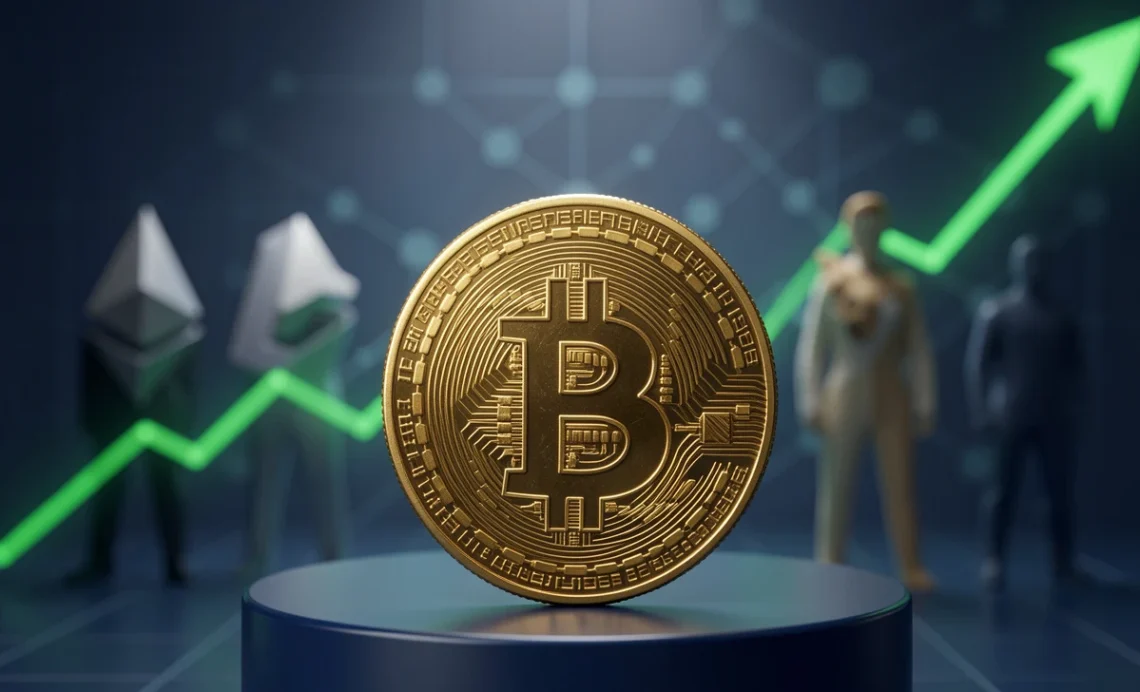 Golden Bitcoin coin standing on a podium as the Bitcoin Number One cryptocurrency, with other altcoins blurred in the background