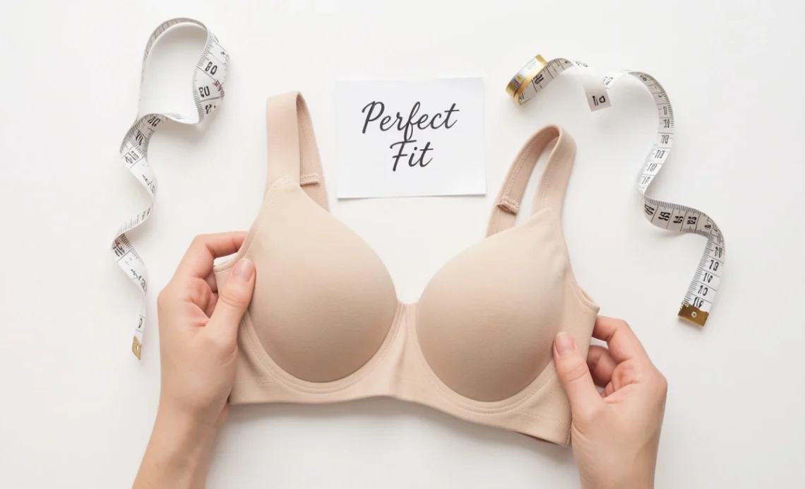 5 Common Bra Buying Mistakes and How to Avoid Them (A Complete Fit Guide) 1 Woman's hands holding a beige t-shirt bra with a measuring tape beside it, illustrating common bra buying mistakes and how to find the right fit.