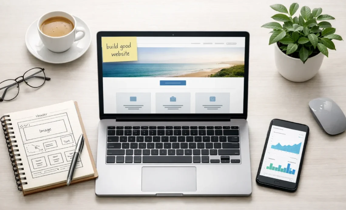Laptop showing build good website sticky note, surrounded by notebook sketch, smartphone, coffee, and plant – step by step guide.