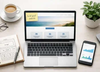 Laptop showing build good website sticky note, surrounded by notebook sketch, smartphone, coffee, and plant – step by step guide.