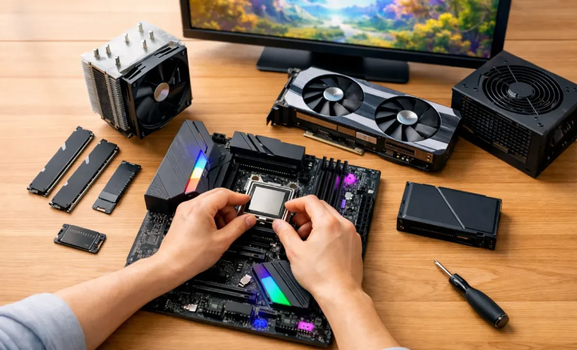 Why You Should Always Build Your Own Gaming PC And How to Get Started 1 Hands installing a CPU onto a motherboard surrounded by gaming PC components including GPU, RAM, SSD, and power supply on a wooden desk.