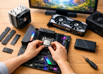 Hands installing a CPU onto a motherboard surrounded by gaming PC components including GPU, RAM, SSD, and power supply on a wooden desk.