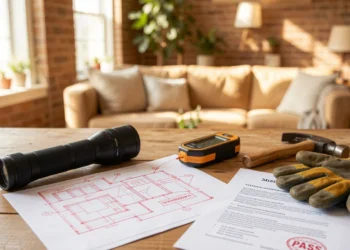 Building inspection guide showing inspection tools, blueprint, and report on a desk for home buyers