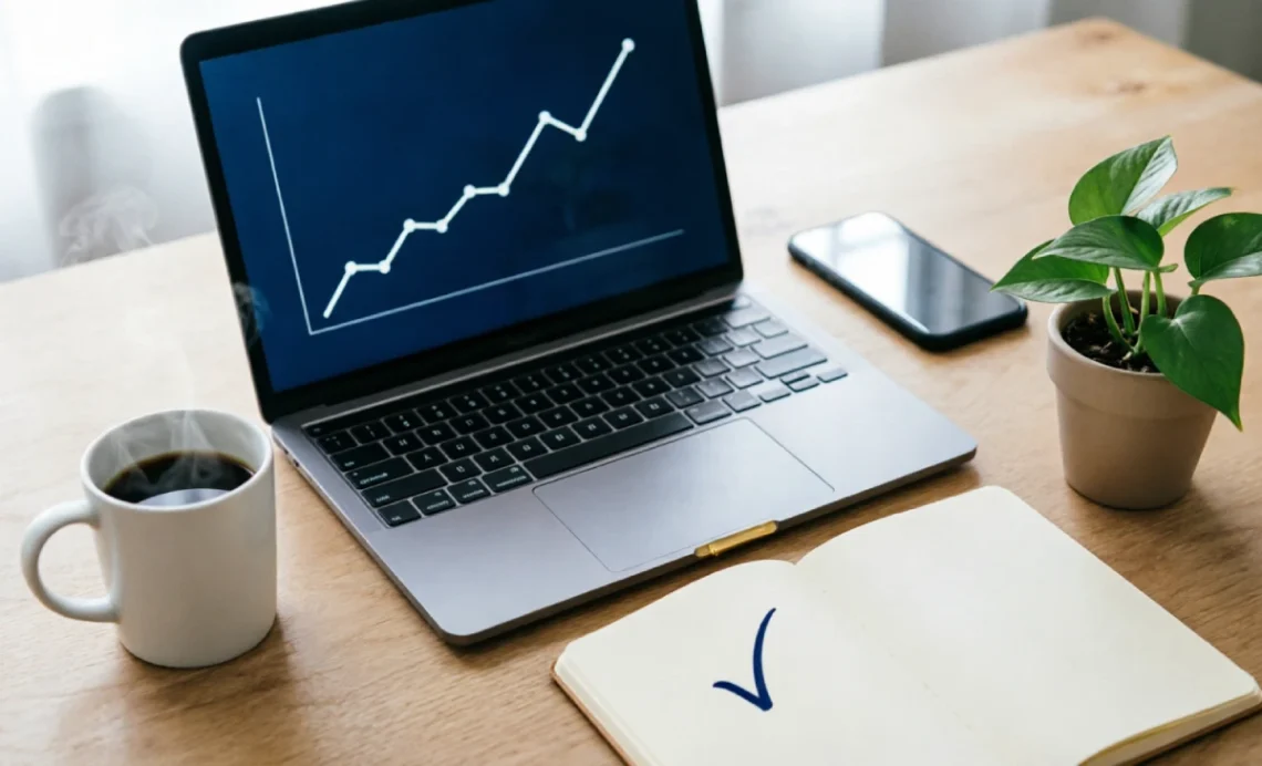 Business growth strategies shown on a laptop with an upward graph, notebook, coffee mug, and smartphone on a wooden desk.