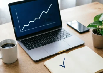 Business growth strategies shown on a laptop with an upward graph, notebook, coffee mug, and smartphone on a wooden desk.