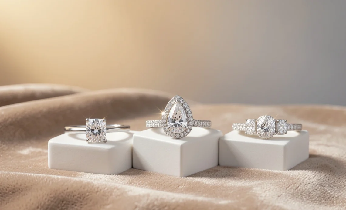 Choose diamonds occasions guide featuring solitaire, halo pear, and three-stone diamond rings on velvet background