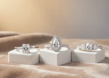 Choose diamonds occasions guide featuring solitaire, halo pear, and three-stone diamond rings on velvet background