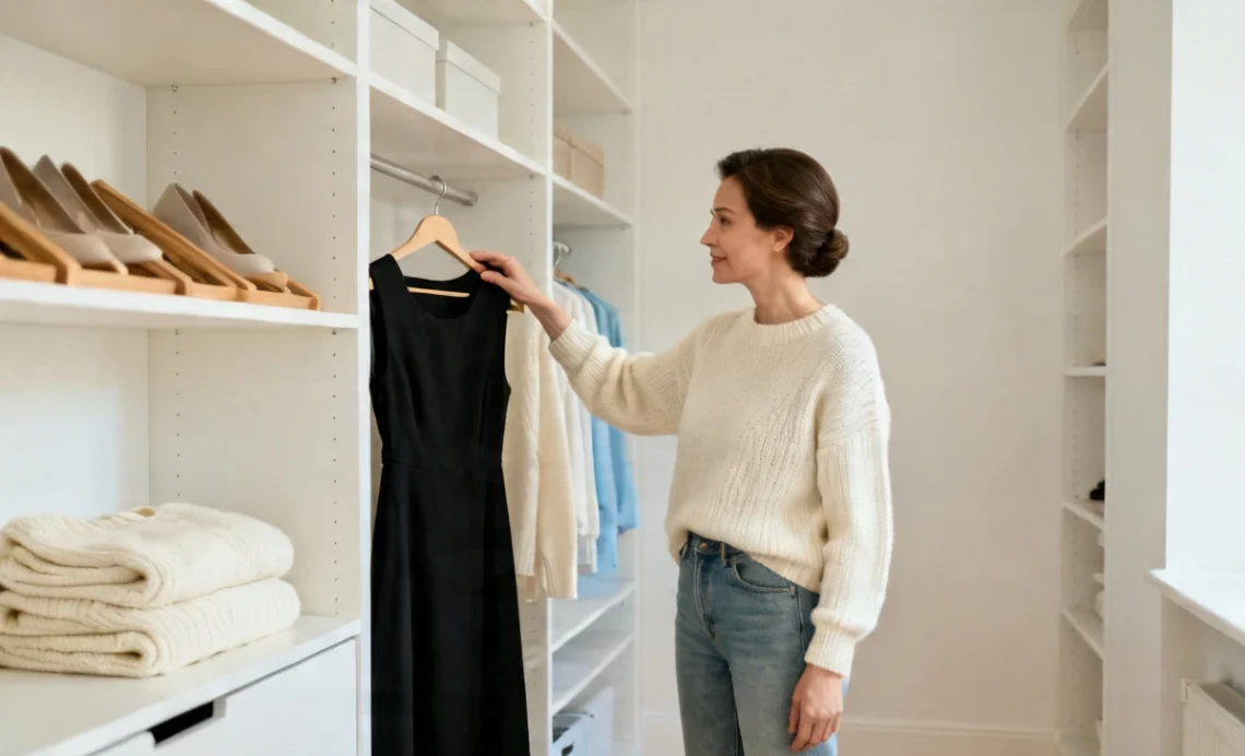 Woman choosing comfortable trendy clothes that fit her body, standing by a minimalist closet with a classic black dress and soft cotton sweater.