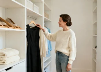 Woman choosing comfortable trendy clothes that fit her body, standing by a minimalist closet with a classic black dress and soft cotton sweater.
