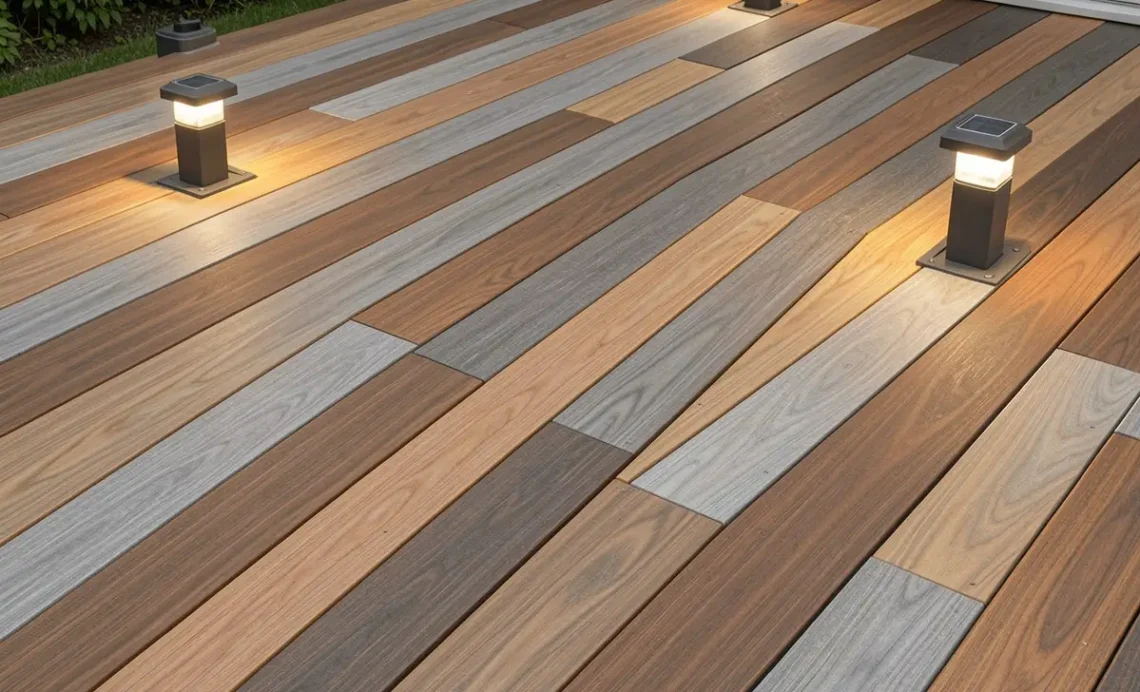 Modern composite decking with mixed brown and gray boards, outdoor furniture, planters, and solar post cap lights in a backyard setting.