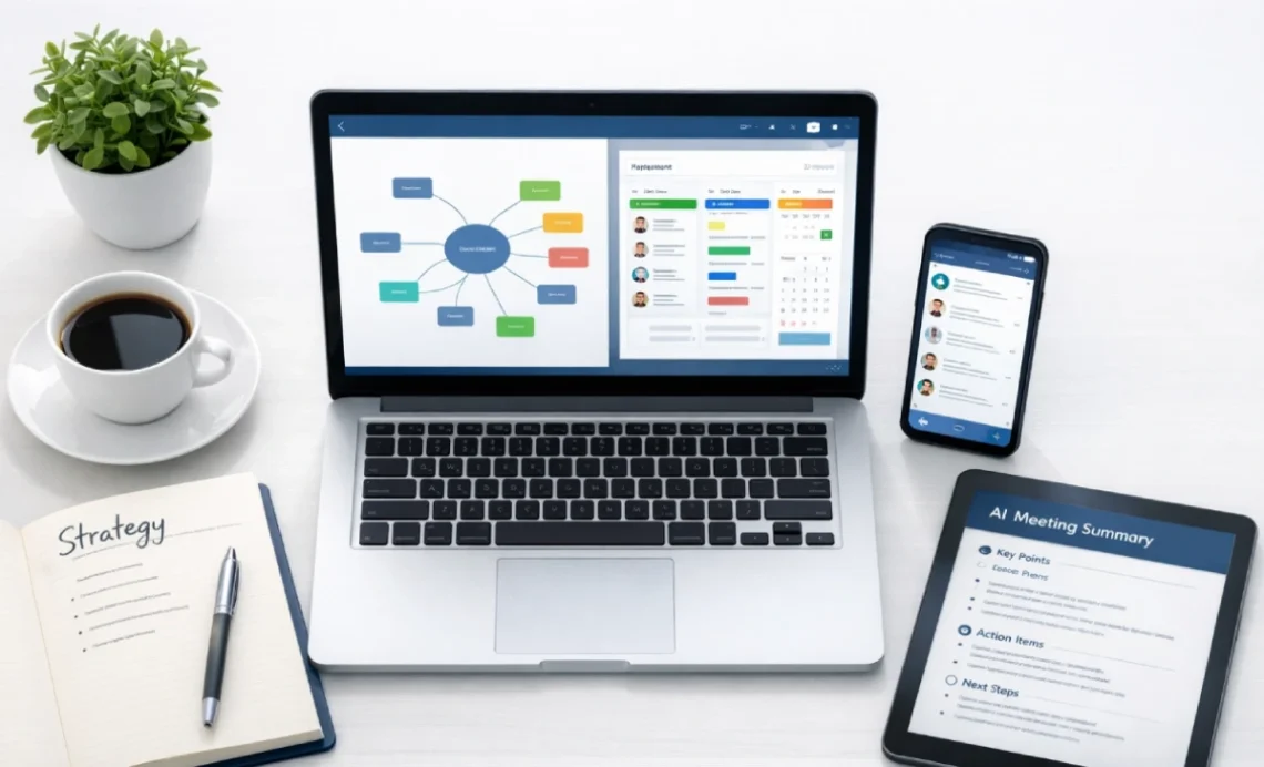 7 Creative Ways to Enhance Your Business Communication (And Make It Stick) 1 Four professionals collaborating around a table with laptop and smartphone showing business communication tools like messaging apps and AI features