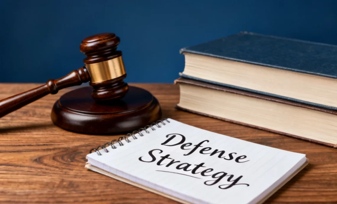Criminal defense strategy – gavel, law book, and defense strategy notepad with attorney silhouette