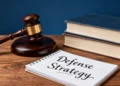 Criminal defense strategy – gavel, law book, and defense strategy notepad with attorney silhouette