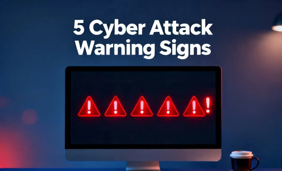 5 cyber attack warning signs displayed as red alert icons on a laptop screen in an office setting.