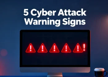 5 cyber attack warning signs displayed as red alert icons on a laptop screen in an office setting.