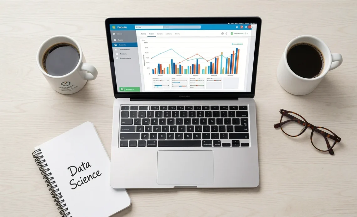 The Ultimate Guide to Data Science Bootcamps: Is It Worth It in 2026? 1 Laptop showing data analytics dashboard with notebook and coffee, illustrating data science bootcamps guide