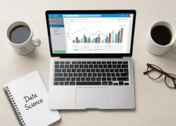 Laptop showing data analytics dashboard with notebook and coffee, illustrating data science bootcamps guide
