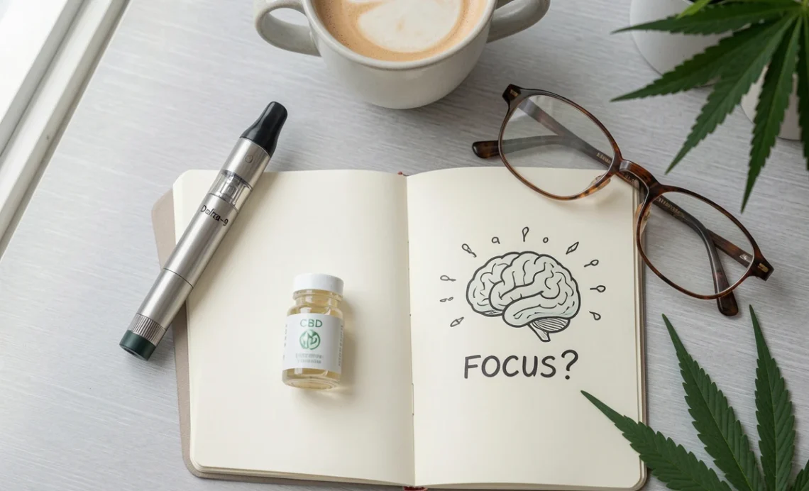Delta 9 Vape Cognitive Function: Does It Really Work? 1 Delta 9 vape cognitive function pen and CBD oil on a desk with notebook asking if it helps cognitive function and focus