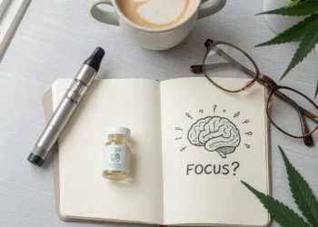 Delta 9 vape cognitive function pen and CBD oil on a desk with notebook asking if it helps cognitive function and focus