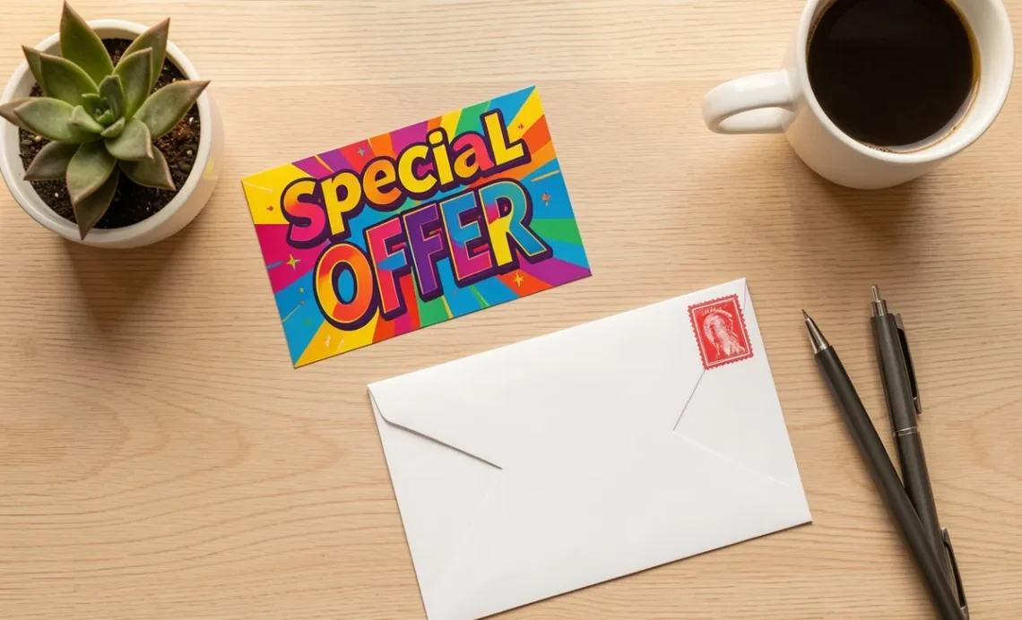 Flat lay of direct mail marketing materials including a promotional postcard, envelope, pen, and coffee cup on a wooden desk.