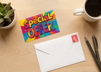 Flat lay of direct mail marketing materials including a promotional postcard, envelope, pen, and coffee cup on a wooden desk.