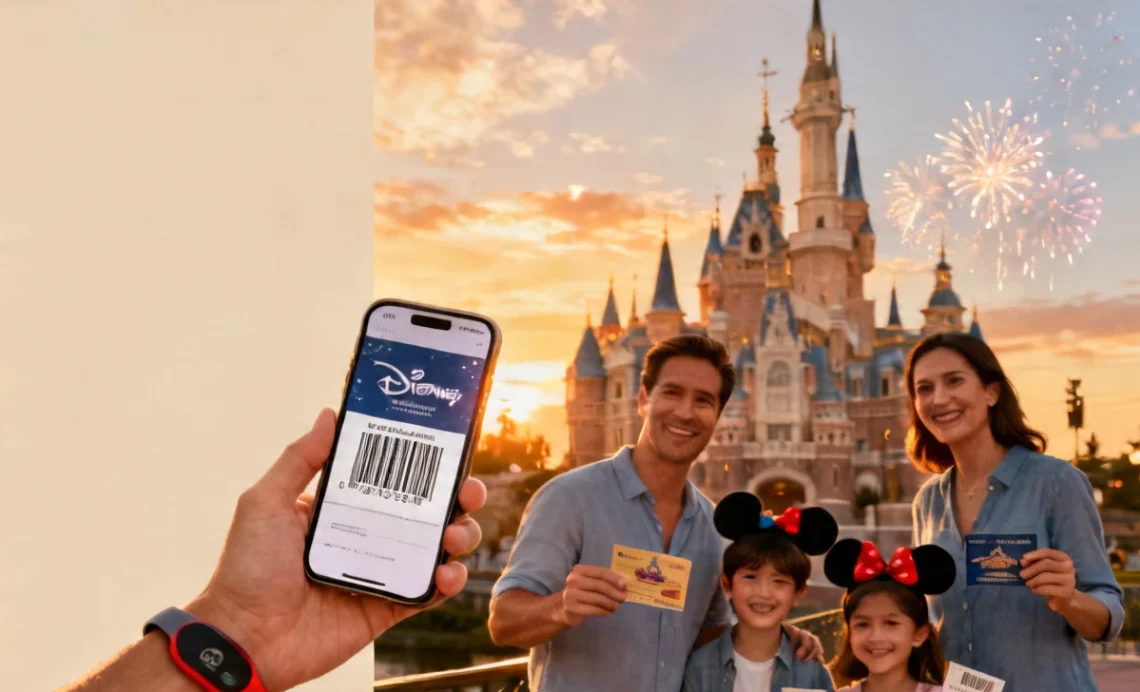 The Ultimate Guide to Disney World Tickets: Prices, Validity, and How to Save Money 1 Family holding Disney World tickets and smartphone ticket barcode in front of Cinderella Castle at Walt Disney World