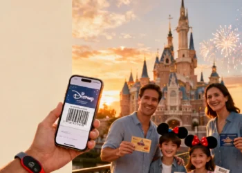 Family holding Disney World tickets and smartphone ticket barcode in front of Cinderella Castle at Walt Disney World