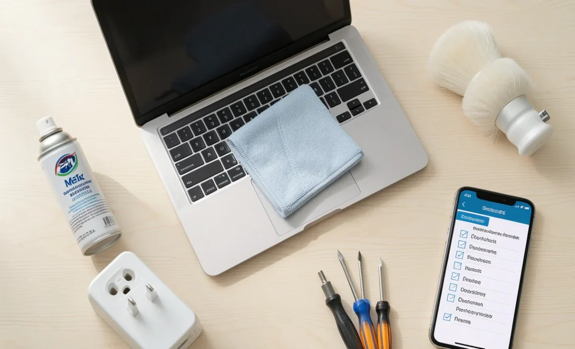 Flat lay of electronic appliance care tools including a laptop, microfiber cloth, compressed air can, surge protector, screwdriver set, dusting brush, and smartphone with maintenance checklist on a wooden surface.