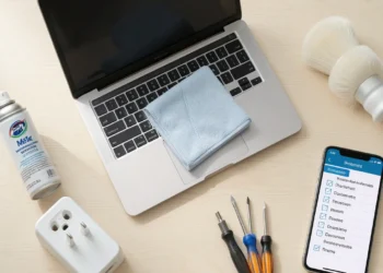 Flat lay of electronic appliance care tools including a laptop, microfiber cloth, compressed air can, surge protector, screwdriver set, dusting brush, and smartphone with maintenance checklist on a wooden surface.
