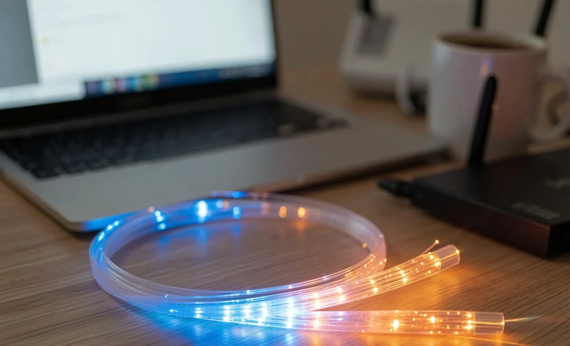 Fiber Internet Explained: Is It Really Worth the Hype? 1 A glowing fiber optic cable emitting blue and orange light pulses representing high-speed fiber internet explained for home and office use
