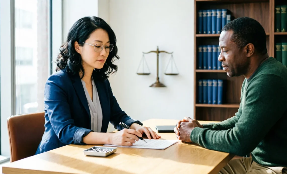 A find best personal injury attorney by meeting with a client at a desk, reviewing legal documents to help find the best injury lawyer for a claim.