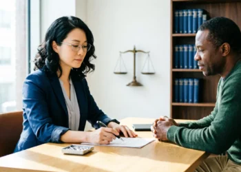 A find best personal injury attorney by meeting with a client at a desk, reviewing legal documents to help find the best injury lawyer for a claim.