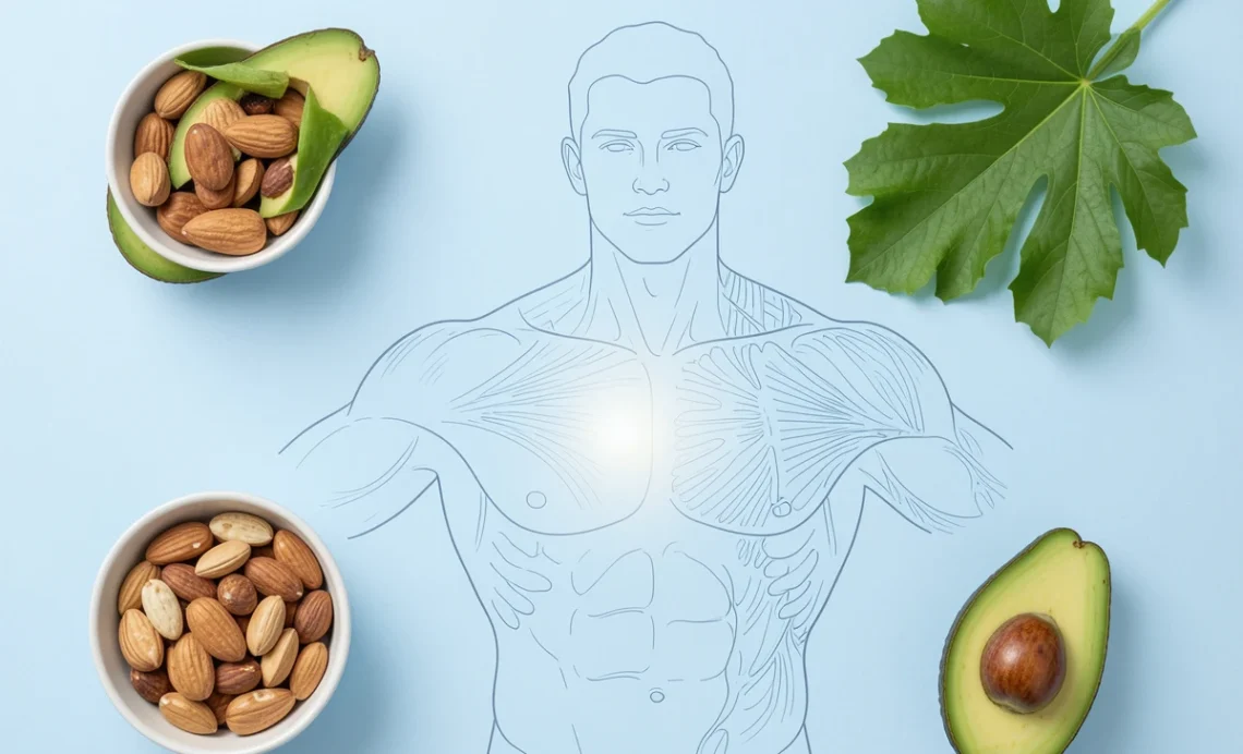 Stylized flat-lay illustration showing gynecomastia causes and treatment options including diet foods like nuts, avocado, and tuna, plus a stethoscope for medical guidance.