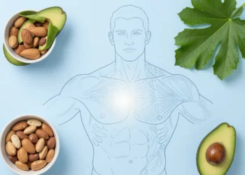 Stylized flat-lay illustration showing gynecomastia causes and treatment options including diet foods like nuts, avocado, and tuna, plus a stethoscope for medical guidance.
