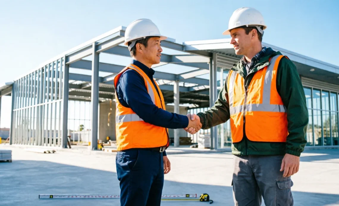 Business owner shaking hands with a hire commercial contractor on a safe construction site wearing hard hats.