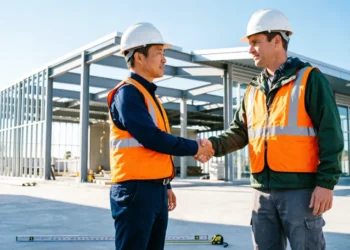 Business owner shaking hands with a hire commercial contractor on a safe construction site wearing hard hats.