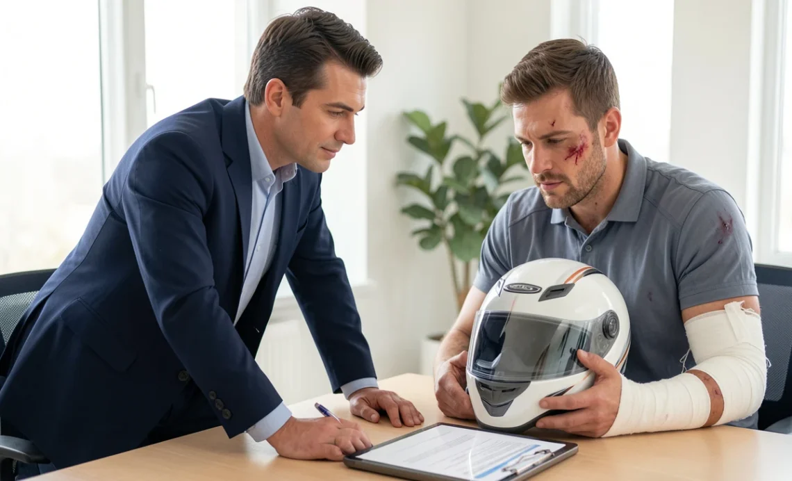 The Ultimate Guide to Hiring a Motorcycle Accident Attorney 1 A motorcycle rider with a helmet and bandage consulting a professional attorney about hiring a motorcycle accident attorney after a crash