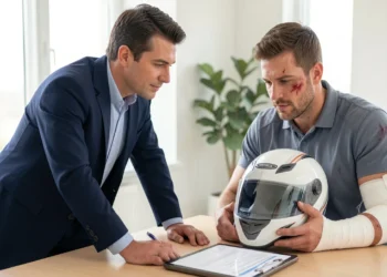 A motorcycle rider with a helmet and bandage consulting a professional attorney about hiring a motorcycle accident attorney after a crash
