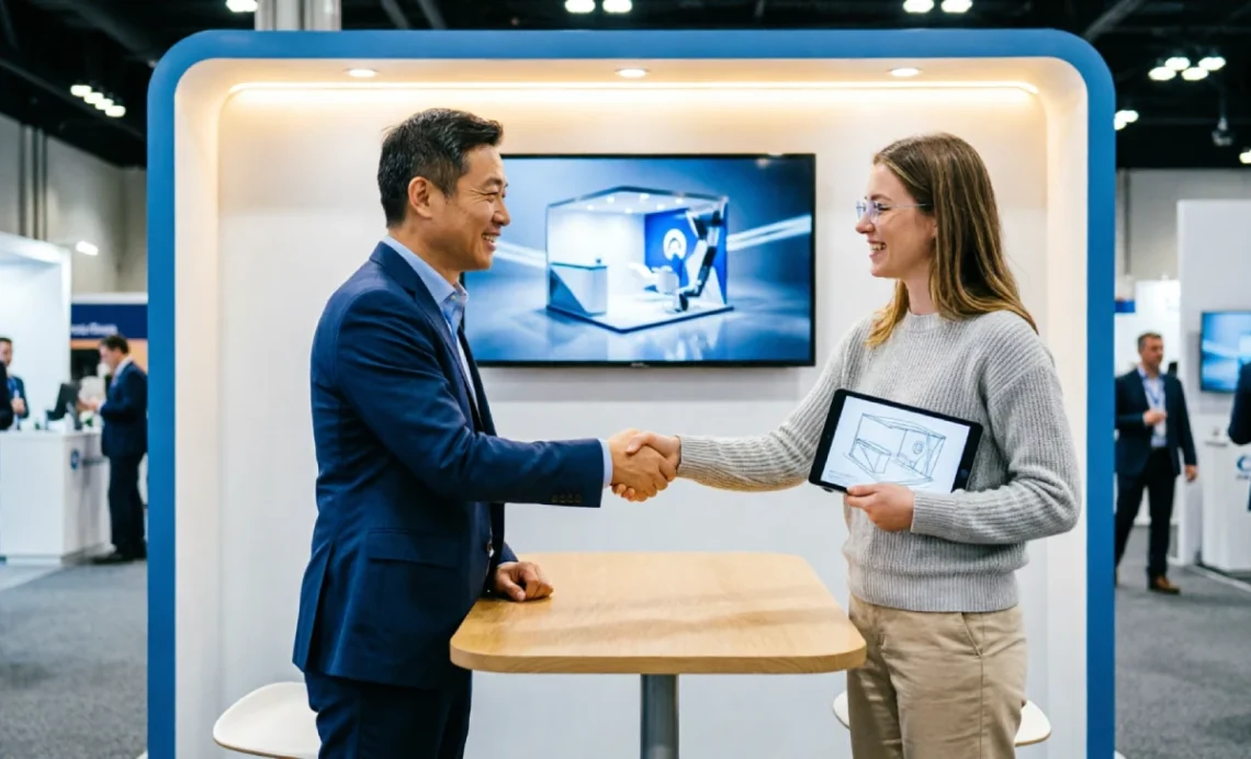 Business owner shakes hands with a professional hire trade show booth designer next to a custom-branded exhibit with LED lighting and digital signage.