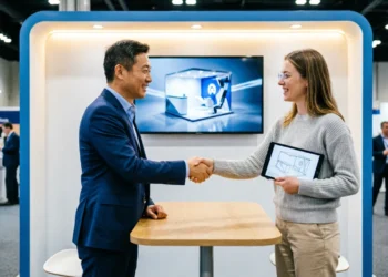 Business owner shakes hands with a professional hire trade show booth designer next to a custom-branded exhibit with LED lighting and digital signage.